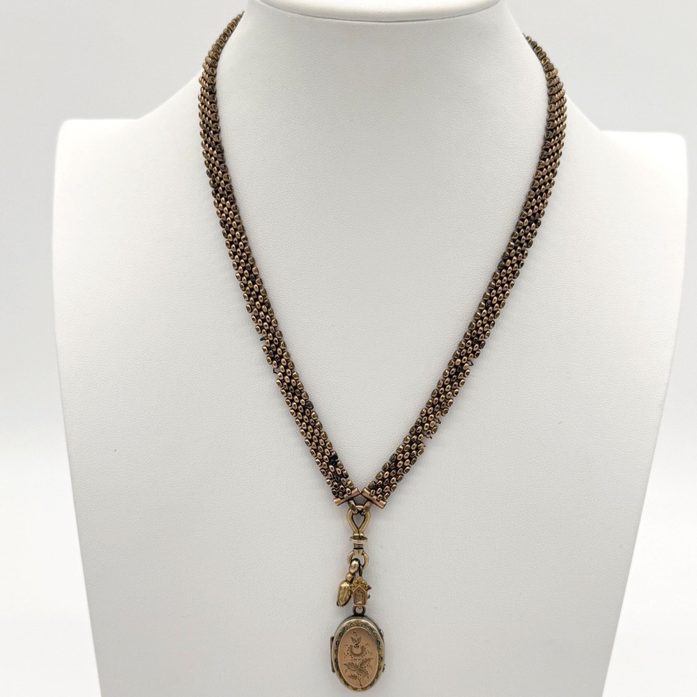 Victorian Double Photo‎ Locket Necklace Antique Brass Multi Strand Chain Estate